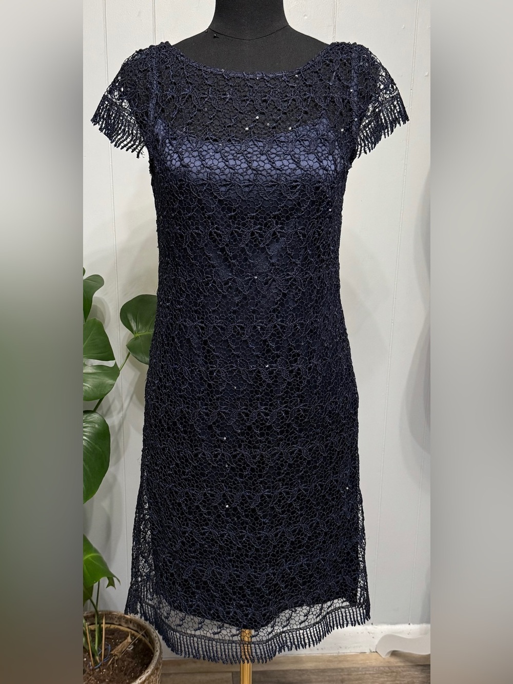 R&M Richards Navy Lace Fringe Cap Sleeve Dress